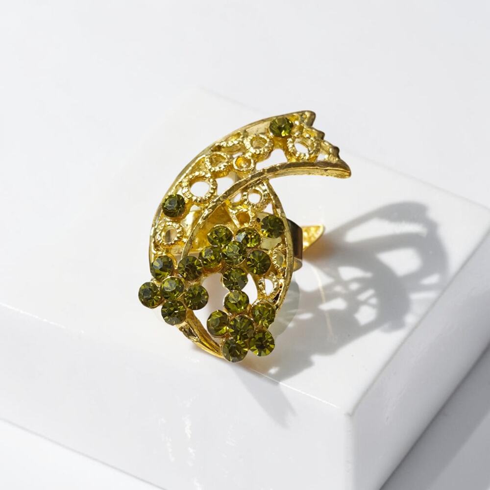 Vintage Metal Gold Tone Adjustable Ring With Green Rhinestone Flowers